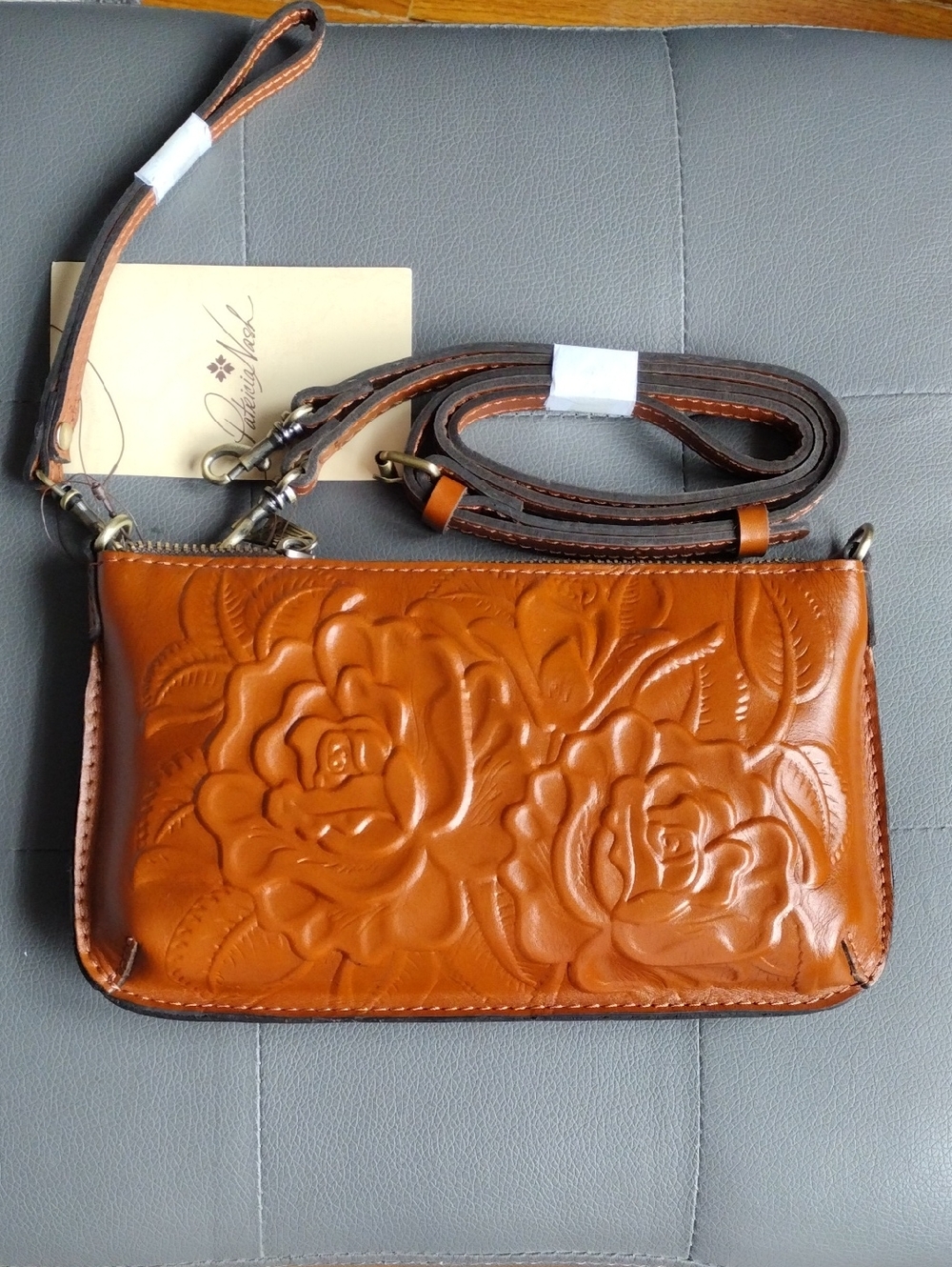 Patricia Nash Carved Floral Leather Crossbody - Cognac